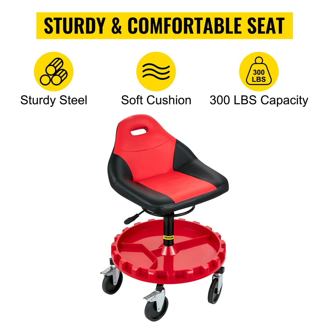 Rolling Garage Stool 300LBS Capacity 21"-26" Adjustable Height Range Mechanic Seat with Swivel Casters and Tool Tray