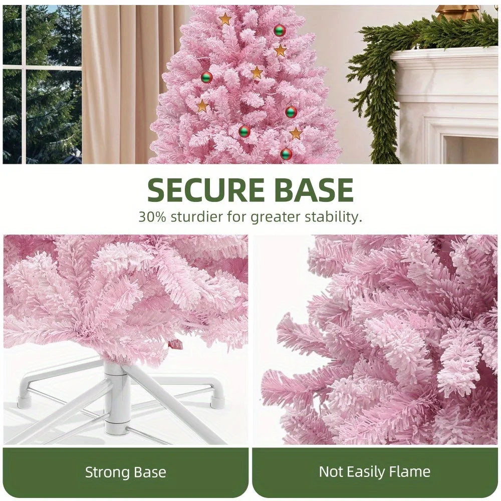 4.5ft Pre-Lit Pink Artificial Christmas Tree, Flocked Spruce Artificial Christmas Tree with 400 PVC Tips and 200 Lights, Pink