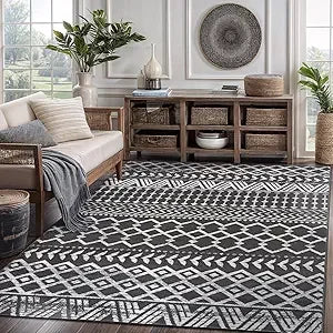 Boho Moroccan Black and White Rug Geometric Diamond 6x9 Area Rugs for Living Room Bedroom Kitchen Modern Bohemian Soft Stain Re