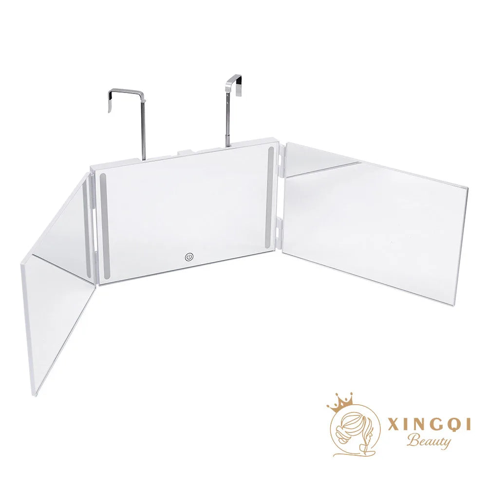Rectangle trifold vanity mirror led lighted adjustable hair cutting  3 way salon hairstyling mirror for self hair cutting 360