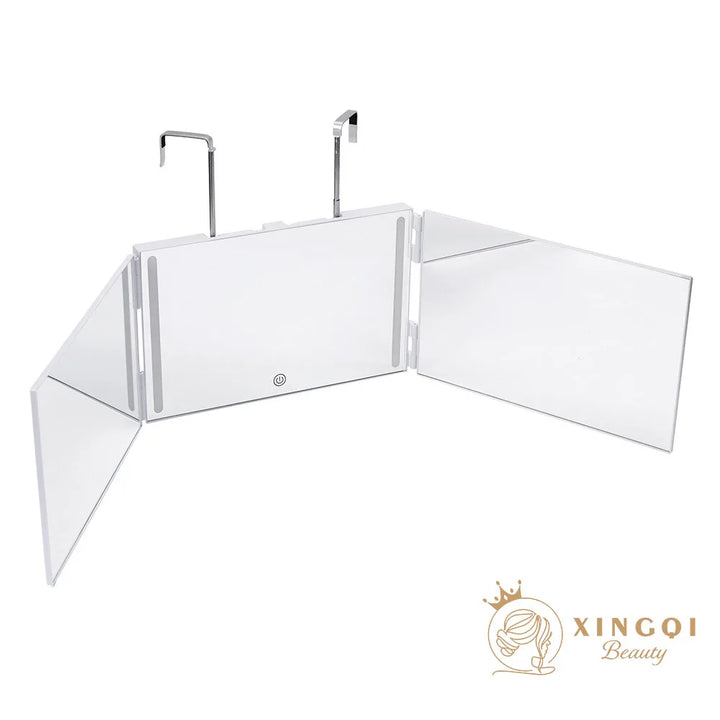 Rectangle trifold vanity mirror led lighted adjustable hair cutting  3 way salon hairstyling mirror for self hair cutting 360