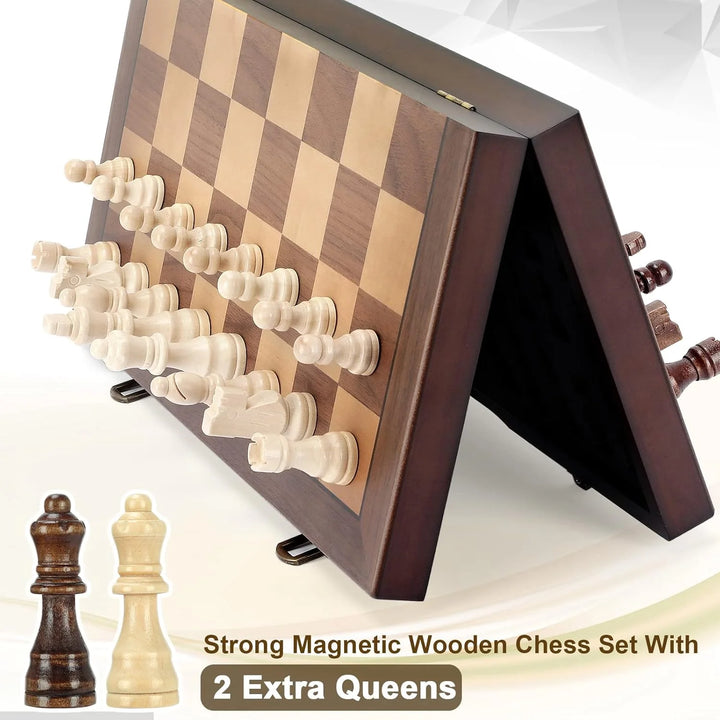 Magnetic Wooden Chess Set for Adults Kids  Chess Board with Handmade Pieces, Folding Portable Travel Unique Chess Sets Game for