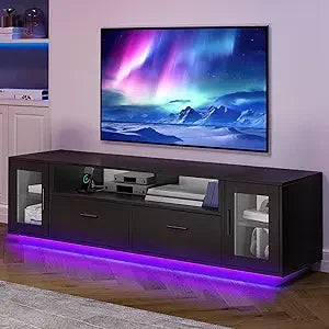 TV Stands for Living Room, Farmhouse TV Stand for 65/70 inch TV, LED TV Entertainment Center with Storage & Power Outlets, TV C