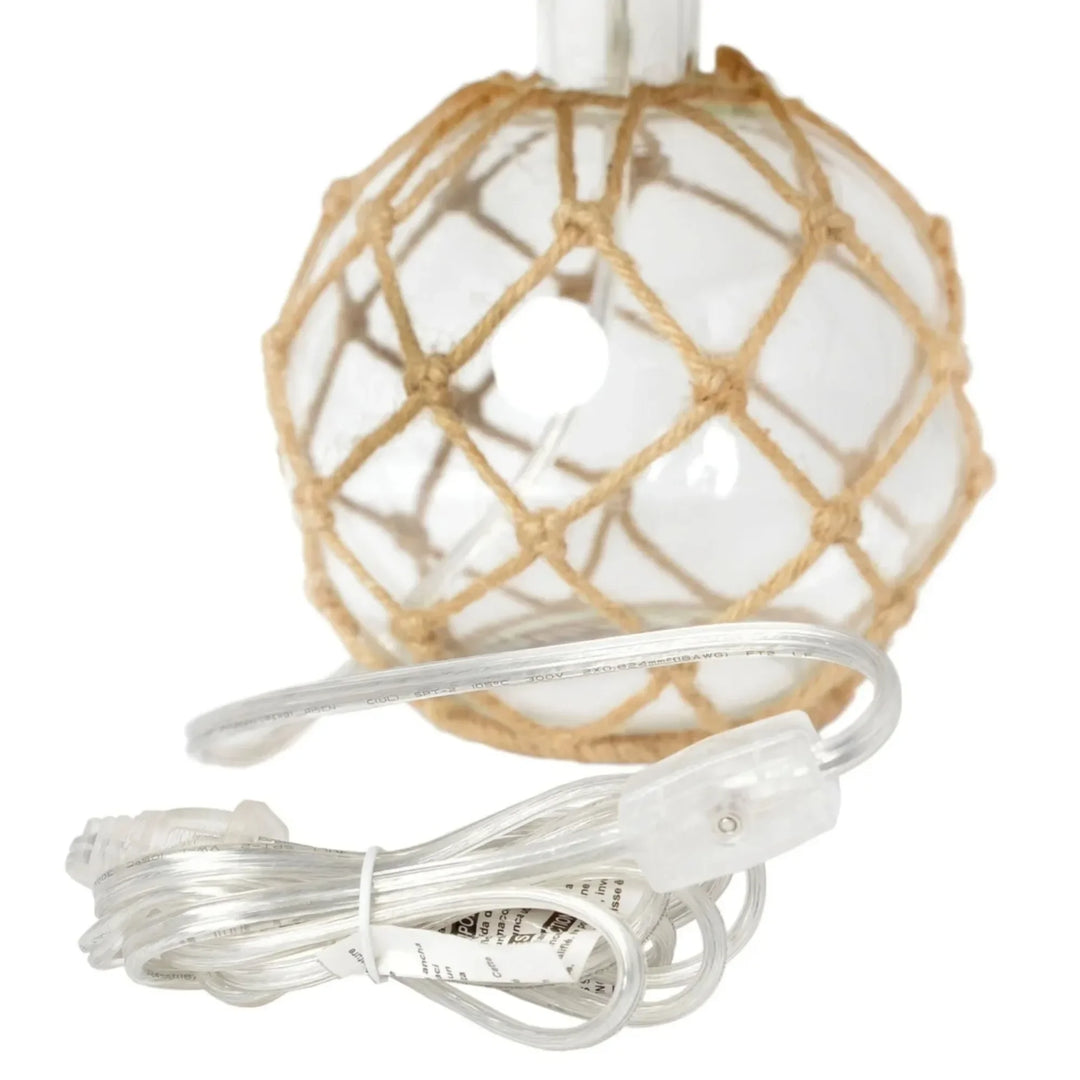 Buoy Rope Nautical Mesh Coastal Ocean Glass Table Lamp, woven from natural rope with a burlap shade