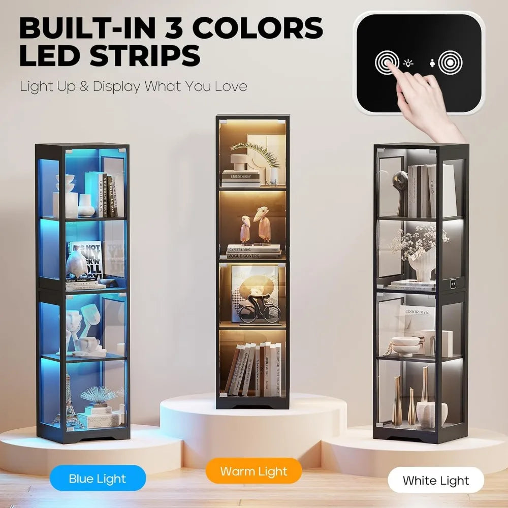 Glass Display Cabinet, 4-Tier Curio Cabinets with 3 Color Lights for Collectibles, Storage Cabinet with Door, Glass Display Case
