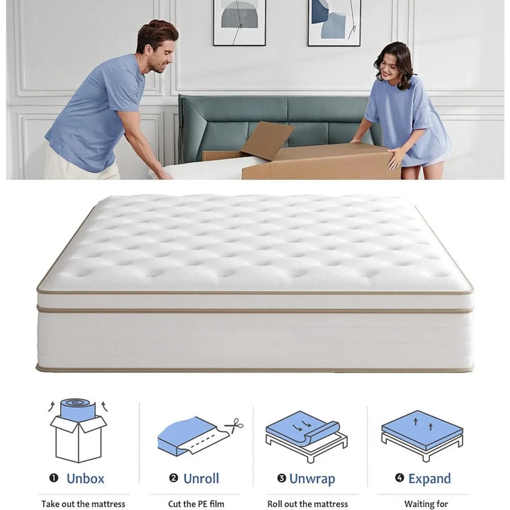 Hybrid 10 Inch Full Size Mattress in a Box, Memory Foam & Individually Pocket Spring for Pain Relief, Medium Firm