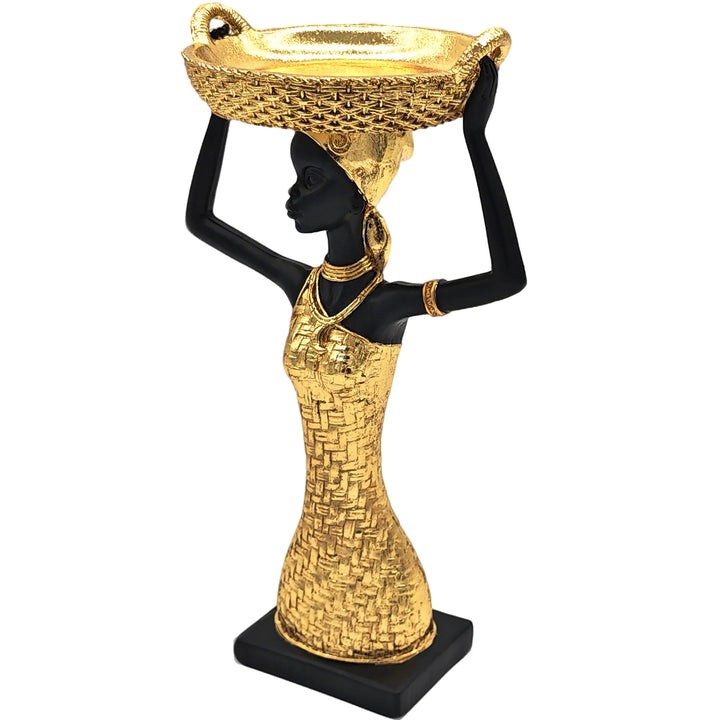 African Art Statue - 11.3" Figure Sculpture with Storage Tray,African Gold Lady Home Decor,for Living Room Figurines Decorations