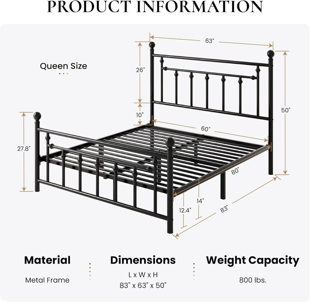 14'' Queen Size Metal Platform Bed Frame/Victorian Headboard and Footboard/Steel Slats Mattress Foundation for Storage