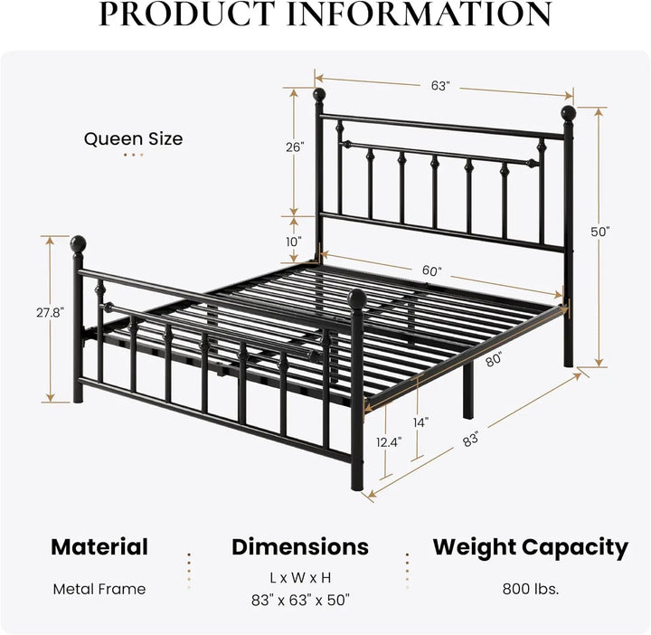14'' Queen Size Metal Platform Bed Frame/Victorian Headboard and Footboard/Steel Slats Mattress Foundation for Storage