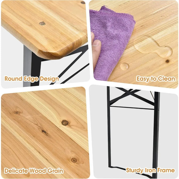 70” 3-Piece Portable Folding Picnic Table Bench Set, Portable Picnic Beer Table w/Wooden Tabletop, Outdoor Foldable