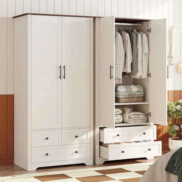 Wooden Wardrobe Closet,Versatile Storage Armoire Wardrobe Closet with Aluminum Alloy Hanging Rod, 2 Doors，3-Drawer and H