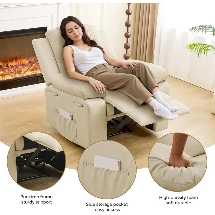 Recliner Chair with Electric Massage Adjustable Footrest Heat Manual Leather Recline for Adults Living Room Remote Control Beig