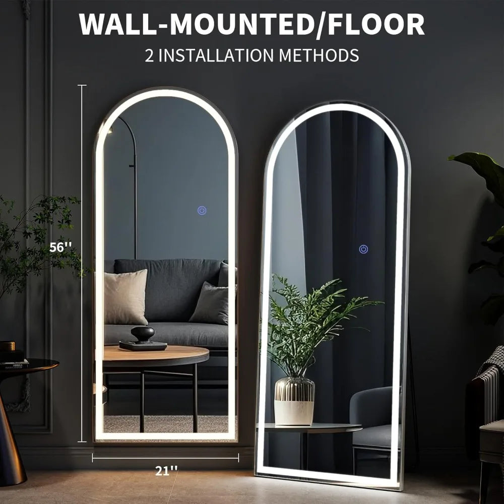 65"x26" LED Mirror Full Length, Arched Floor Body Mirror with Dimmable Lights - 3 Color Modes, Standing Leaning Wall