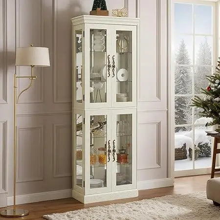 Lighted Glass Display Cabinet, 70" Curio Cabinet with Adjustable Glass Shelves Vintage,China Cabinet with 6 Shelves for Living R