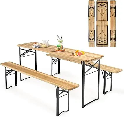 Foldable Picnic Table with Benches, 3-Piece 70” Portable Beer Garden Table with Sturdy Steel Frame, Folding Wooden Picnic