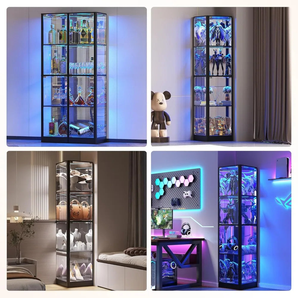 Illuminated Glass Door Display Cabinet, 68 Corner Curio Cabinet with 4-Tier Glass Shelves for Collectibles, Toys, and Books