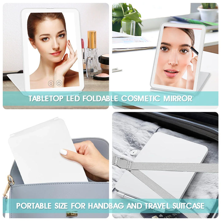 LED Makeup Mirror, Foldable Travel Cosmetic Mirror with Light, Touch Screen, Dimmable, 10X Magnifying Vanity Mirror