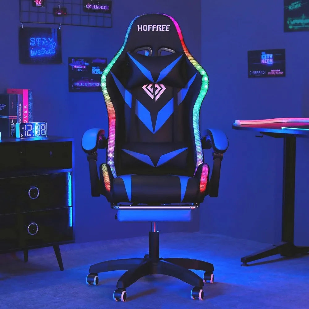 Ergonomic Gaming Chair with Massage, Bluetooth Speakers, LED Lights, and Footrest for Comfortable Video Gaming
