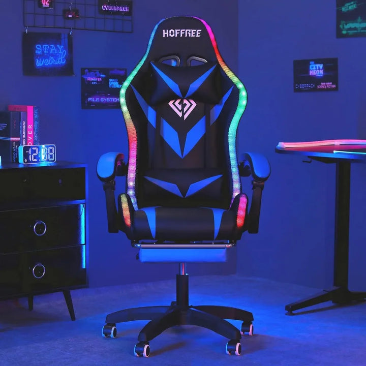 Ergonomic Gaming Chair with Massage, Bluetooth Speakers, LED Lights, and Footrest for Comfortable Video Gaming