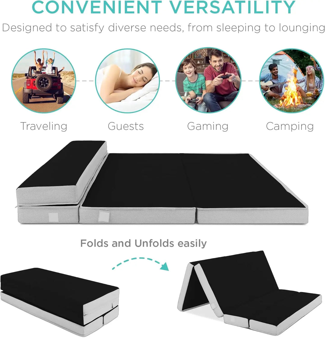 4in Portable Queen-Size Mattress Tri-Fold Mattress for Camping Guest Toddler Foam Plush w/Carry Case Onyx Black