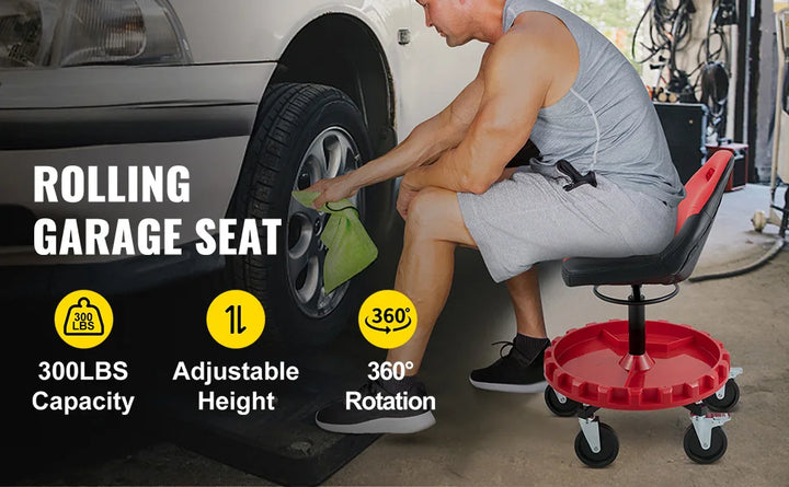 SucceBuy Rolling Garage Stool 300 LBS Capacity 21"-26" Adjustable Height Range Mechanic Seat with Swivel Casters and Tool Tray
