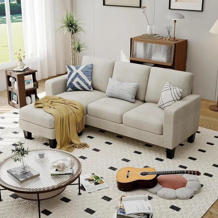 L-Shaped Sectional Sofa Convertible Small Space Couch Reversible Chaise Linen Fabric Comfortable Living Room Easy Assembly