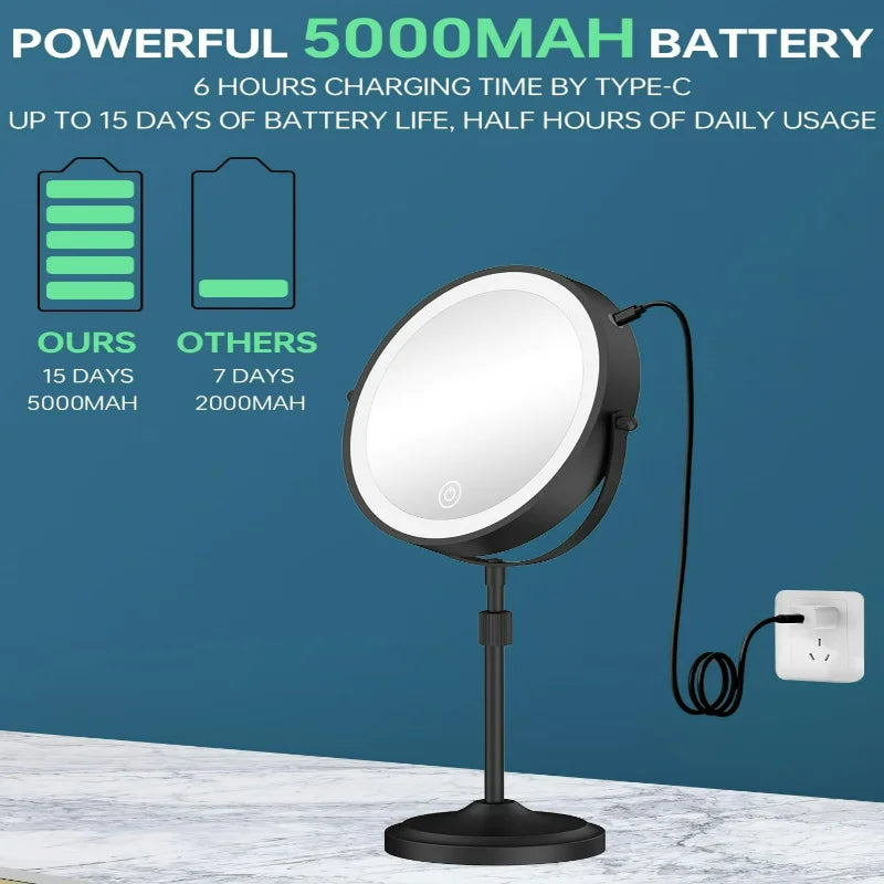 Adjustable Height Elegant Chrome Finish Lighted Vanity Mirror with 1X 10x Magnification, Dimmable Brightness, and Rechargeable 5