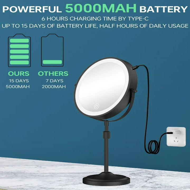 Adjustable Height Elegant Chrome Finish Lighted Vanity Mirror with 1X 10x Magnification, Dimmable Brightness, and Rechargeable 5