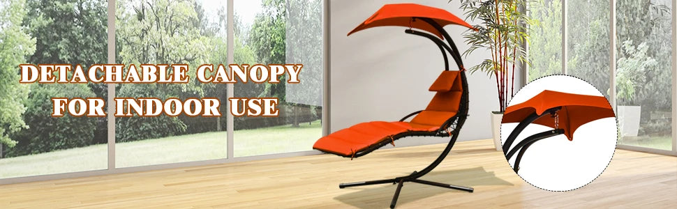 Hanging Chaise Lounger Chair, Arc Stand Porch Swing Chair W/Canopy, Cushion Built-in Pillow, Freestanding Swing Hammock Chair