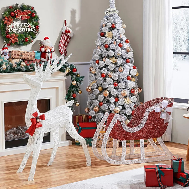 Yaheetech Pre-lit Reindeer & Sleigh Set, 4ft Light-up Christmas Decorations Set w/ 360 LED Lights/Stakes/ZipTies for Outdoor/Ind