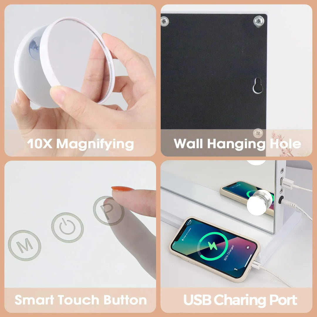 Large Hollywood Makeup Mirror 18 LED Bulbs Vanity Mirror with Protective Power Outlet USB Charging Port 3 Color Lighting Modes