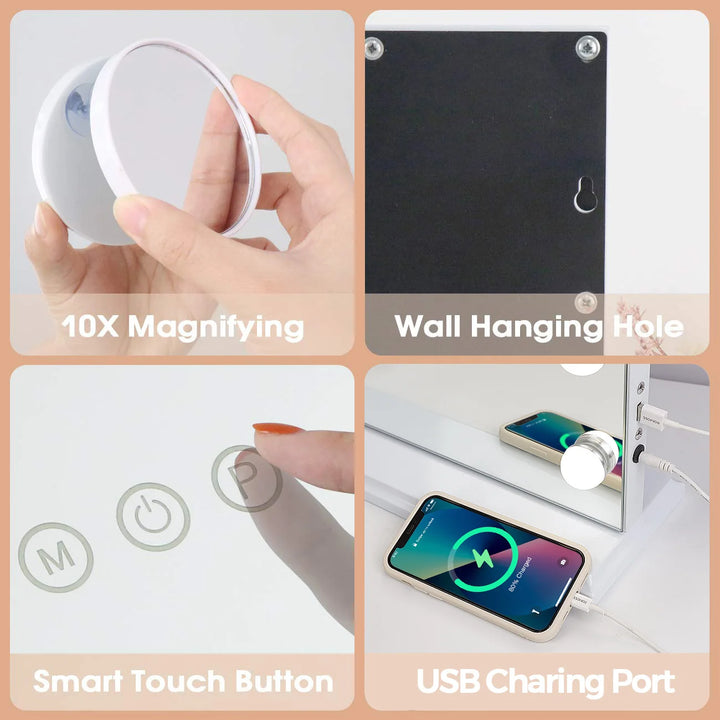 Large Hollywood Makeup Mirror 18 LED Bulbs Vanity Mirror with Protective Power Outlet USB Charging Port 3 Color Lighting Modes