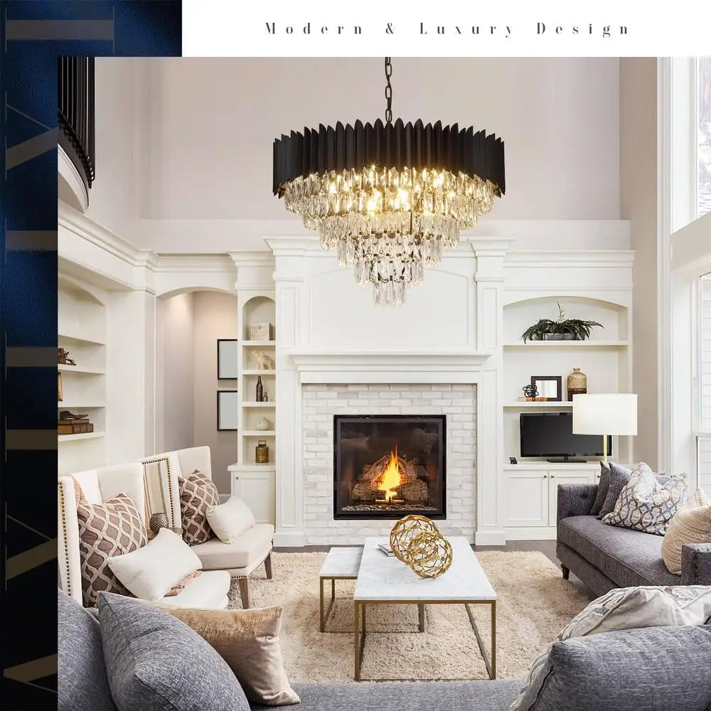 Modern Luxury Black Crystal Chandelier 30" 16-Light Round Fixture High Ceiling Pendant Foyer Living Room Dining Kitchen Hotel