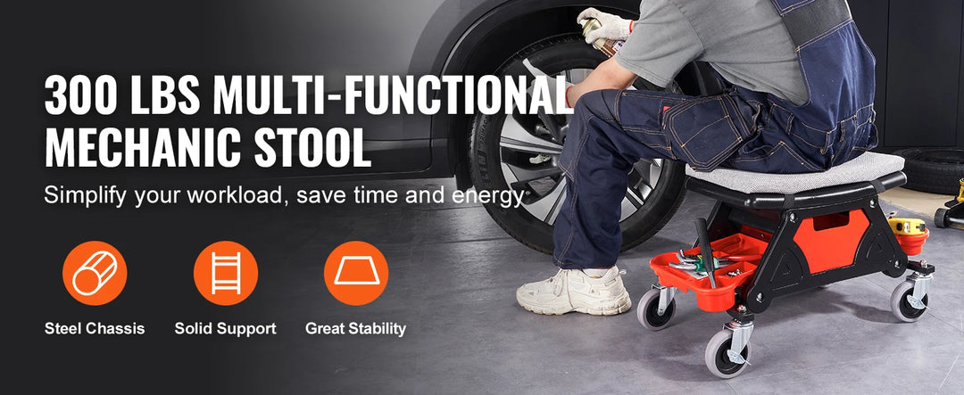 SucceBuy Rolling Mechanic Seat 300 LBS with Wheels Tool Trays Drawer Heavy Duty Roller Creeper Seat for Garage DIY Automotive