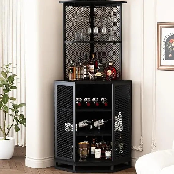 Tall Corner Bar Cabinet, Large Wood and Metal Liquor Cabinet with Wine Rack, Industrial Corner Wine Cabinet with Adjustble Shel