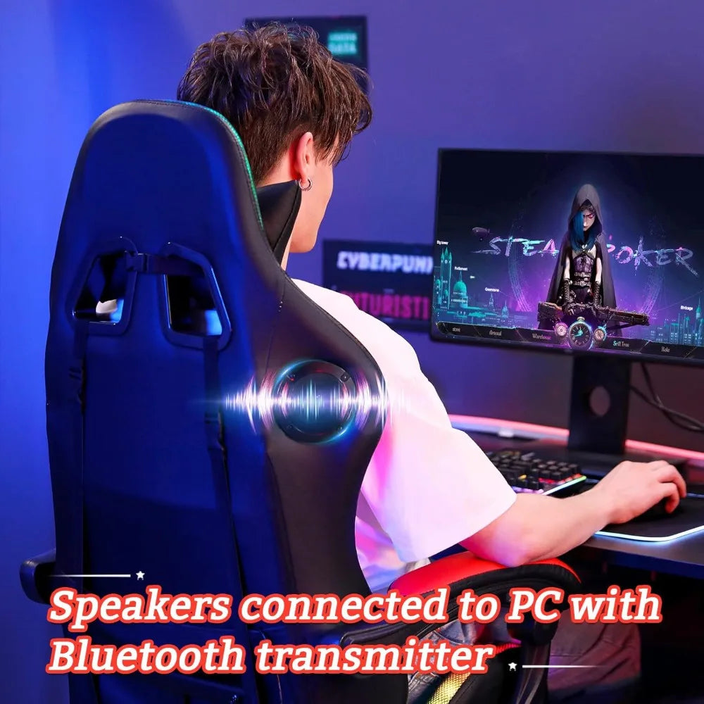 Ergonomic Gaming Chair with Built-in Speakers, LED Lights, Massage, and Footrest for Adults