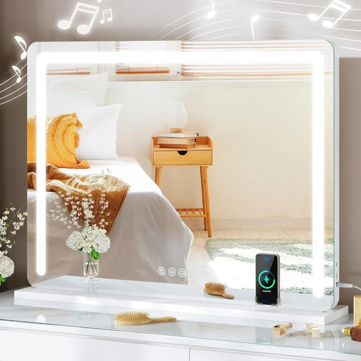 Vanity Mirror with Lights, 32" x 24" LED Large Vanity Makeup Mirror with Bluetooth Speaker, Wireless Charger, USB