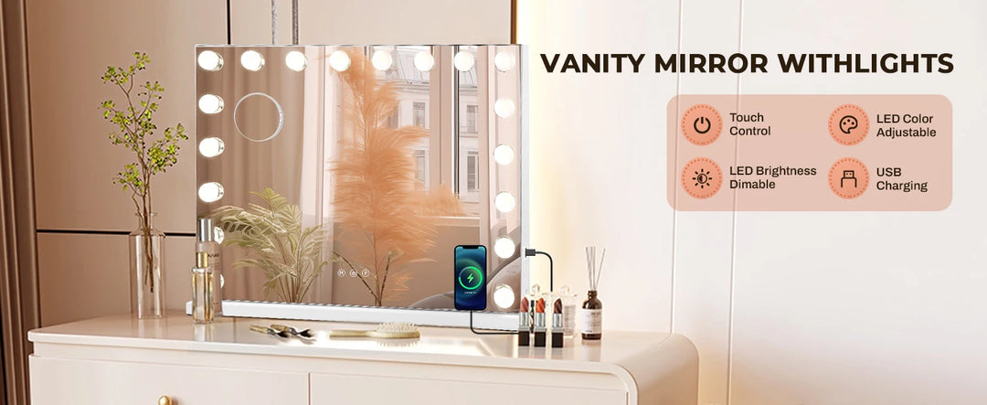 32"x24" Hollywood Vanity Mirror with Lights, 18 Dimmable LED Bulbs, 3 Color Modes, Tabletop or Wall-Mounted, USB Charging Port