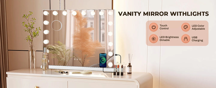 32"x24" Hollywood Vanity Mirror with Lights, 18 Dimmable LED Bulbs, 3 Color Modes, Tabletop or Wall-Mounted, USB Charging Port