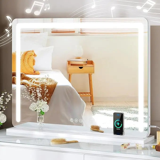Vanity Mirror with Lights, 32" x 24" LED Large Vanity Makeup Mirror with Bluetooth Speaker, Wireless Charger, USB