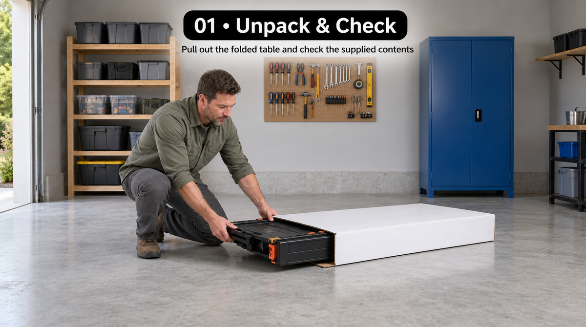 “Man sliding the folded workbench out of its packaging to inspect the table and supplied contents.”
