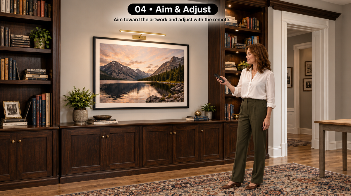 “Step 4: Aim the picture light toward the artwork and use the remote to adjust the illumination.”