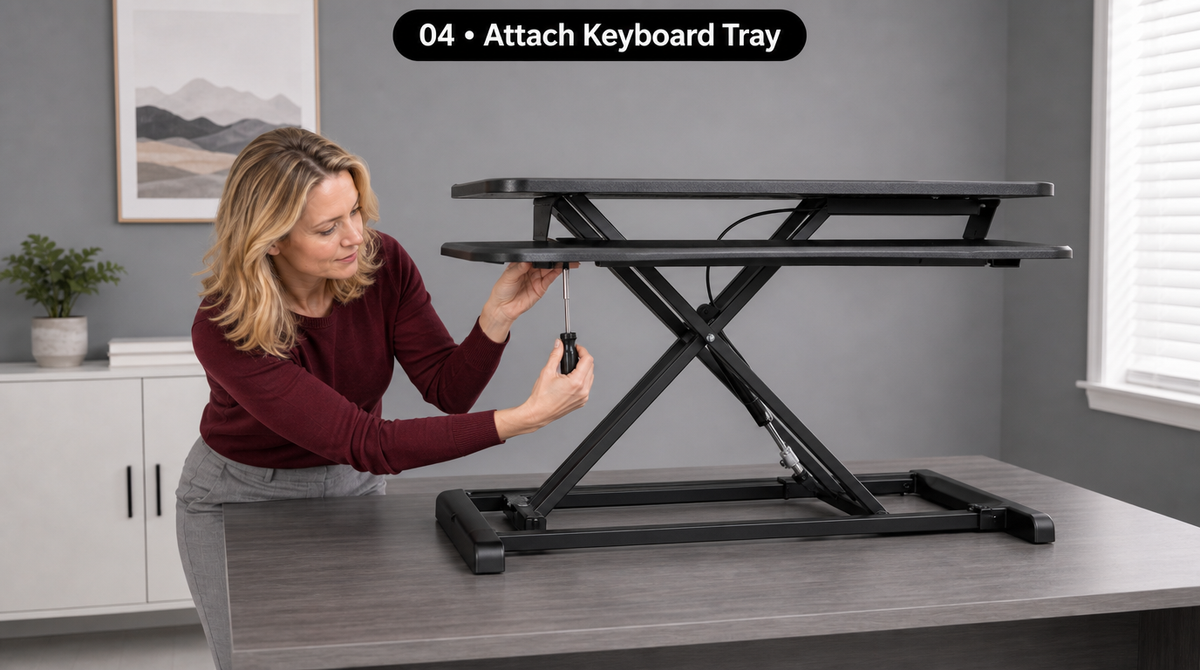 “Step 4: Support the keyboard tray and tighten its mounting screws from underneath with a screwdriver.”
