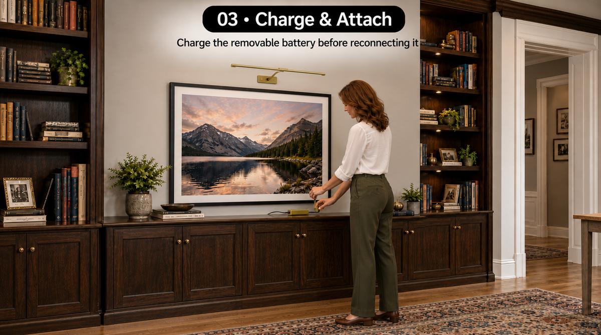 “Step 3: Charge the removable battery before reconnecting it; the picture light remains mounted above the artwork.”