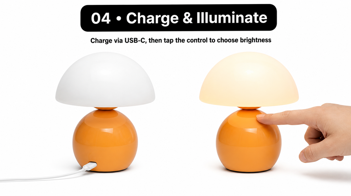 “USB-C cable connected to the orange lamp base, followed by a finger tapping the control to select brightness.”
