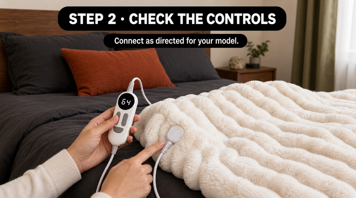 Step 2: Hands hold the wired controller and point to the blanket’s connector; connect as directed for your model