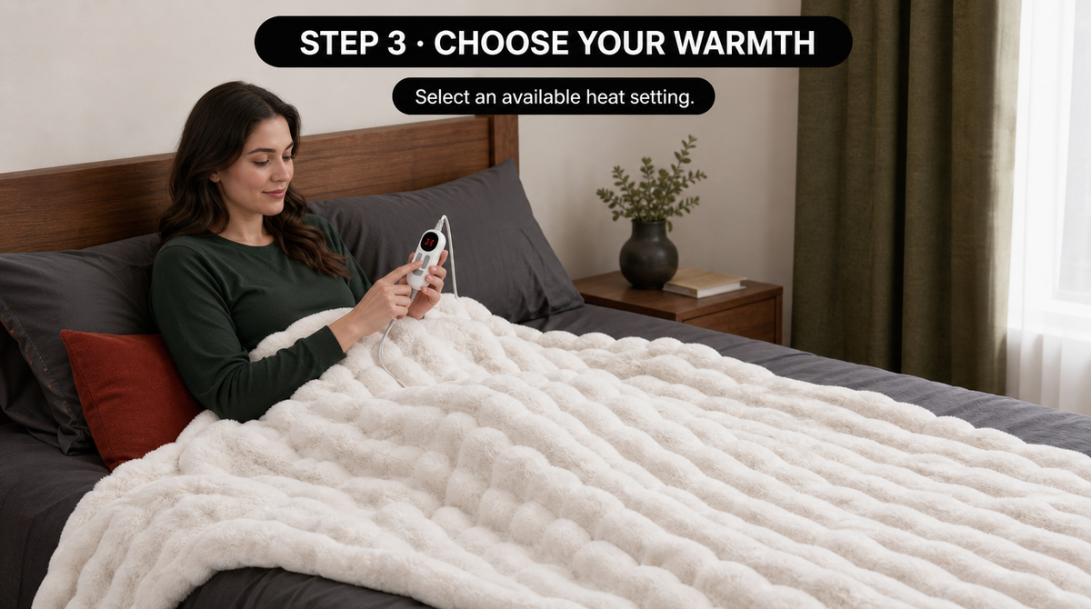 Step 3: A woman presses the controller to select a heat setting while sitting under the white faux fur blanket
