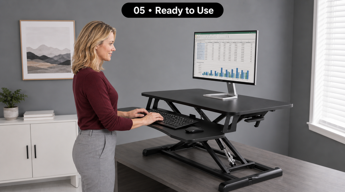 “Step 5: Woman using the assembled standing desk converter with one monitor and a keyboard and mouse on the lower tray.”