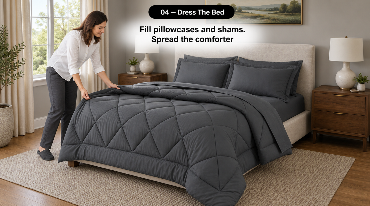 Step 4: A woman spreads the dark gray quilted comforter over the sheets, with filled pillowcases and shams at the headboard