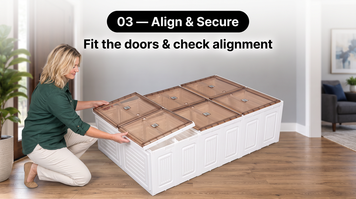 “Woman aligning a brown-tinted door panel with the white cabinet frame while the cabinet lies on its back